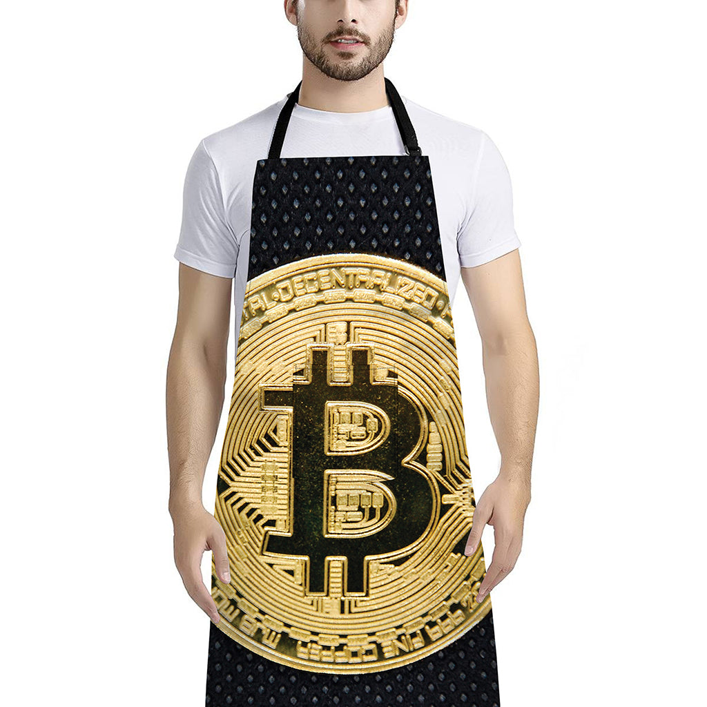 Gold Bitcoin Symbol Print Bib Apron With Pocket