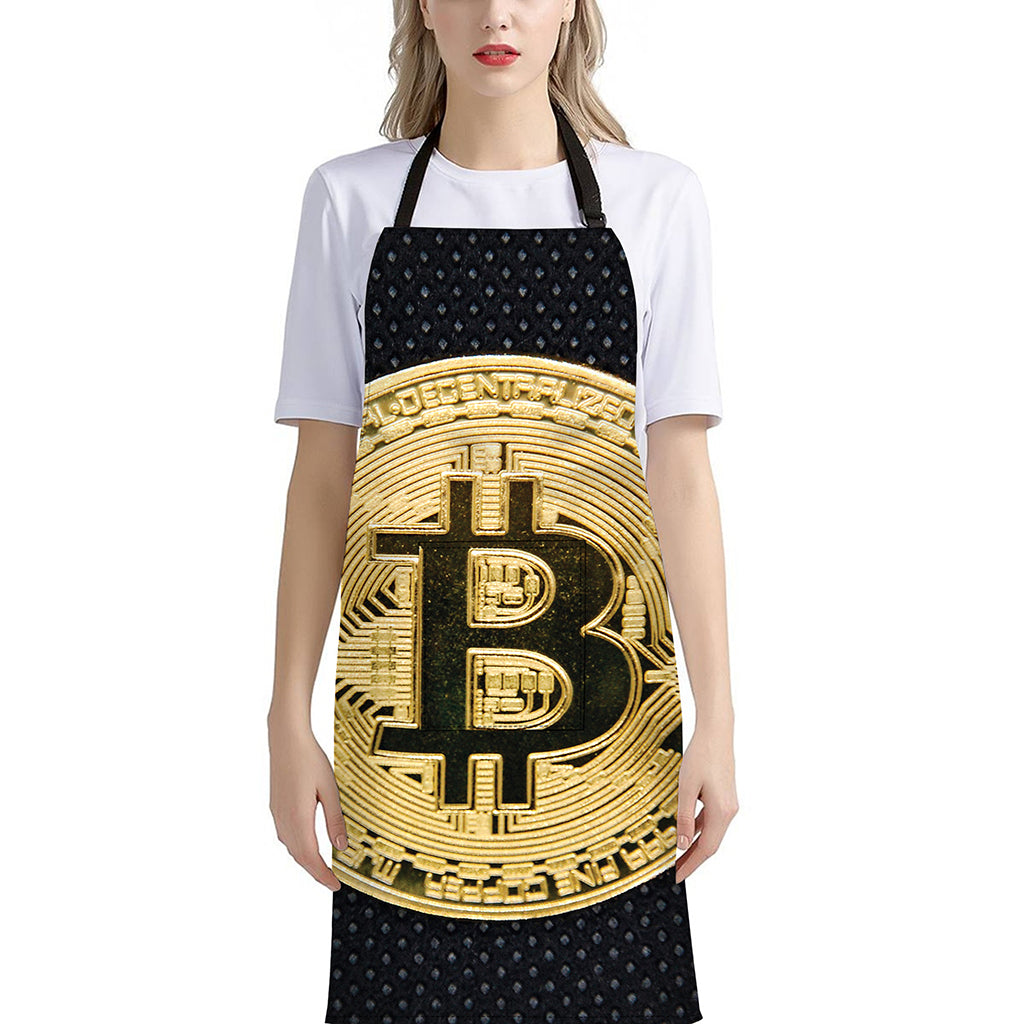 Gold Bitcoin Symbol Print Bib Apron With Pocket