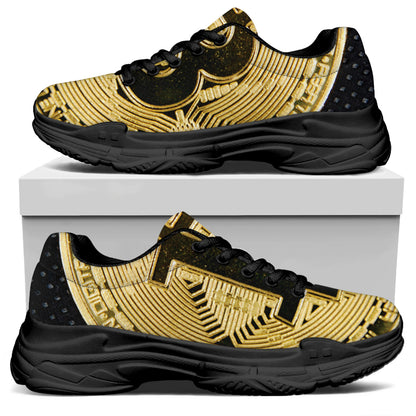 Gold Bitcoin Symbol Print Black Chunky Shoes