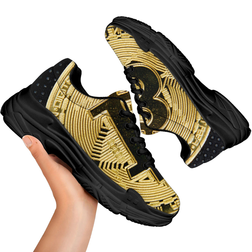 Gold Bitcoin Symbol Print Black Chunky Shoes