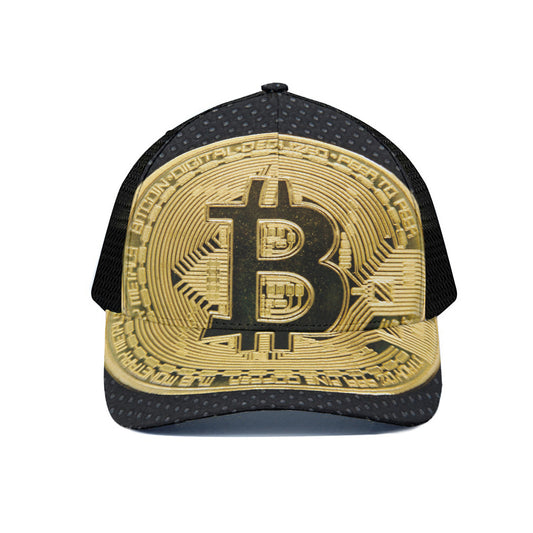 Gold Bitcoin Symbol Print Black Mesh Trucker Cap