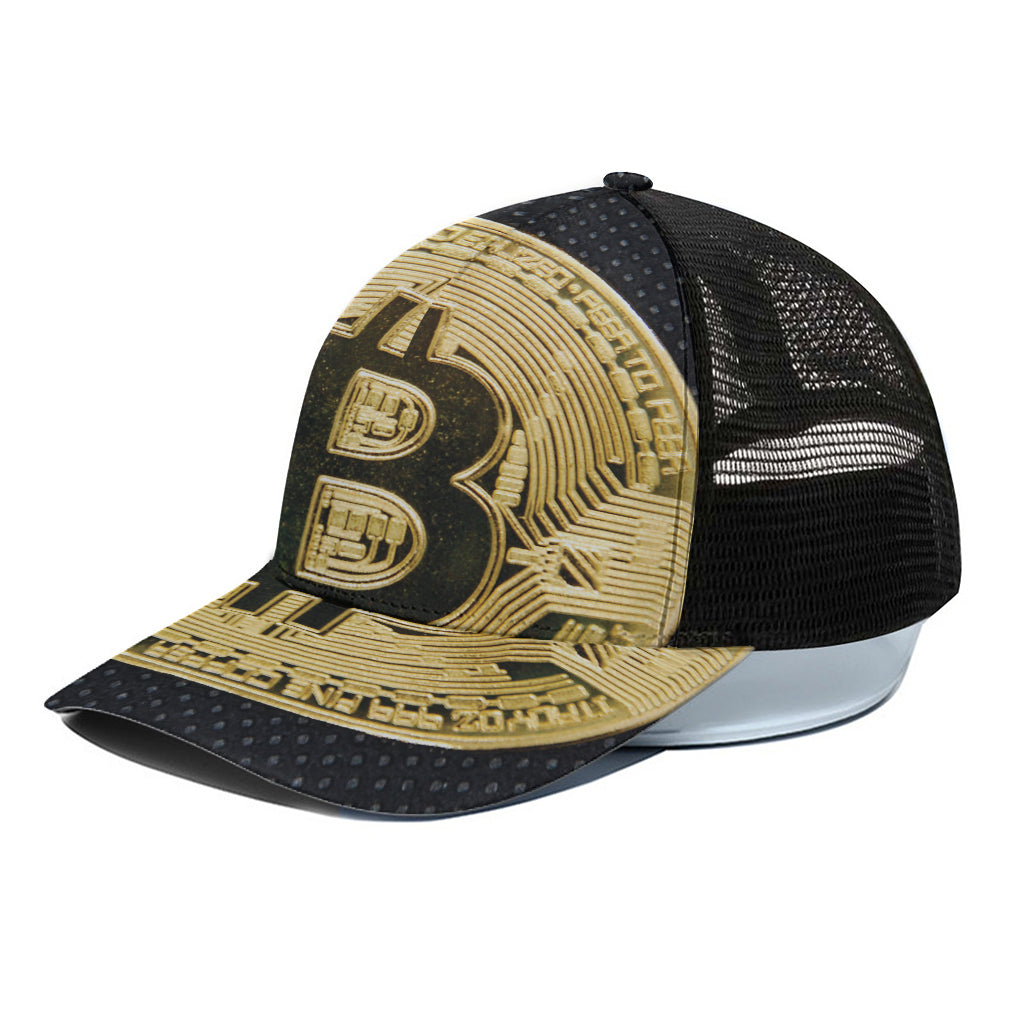 Gold Bitcoin Symbol Print Black Mesh Trucker Cap