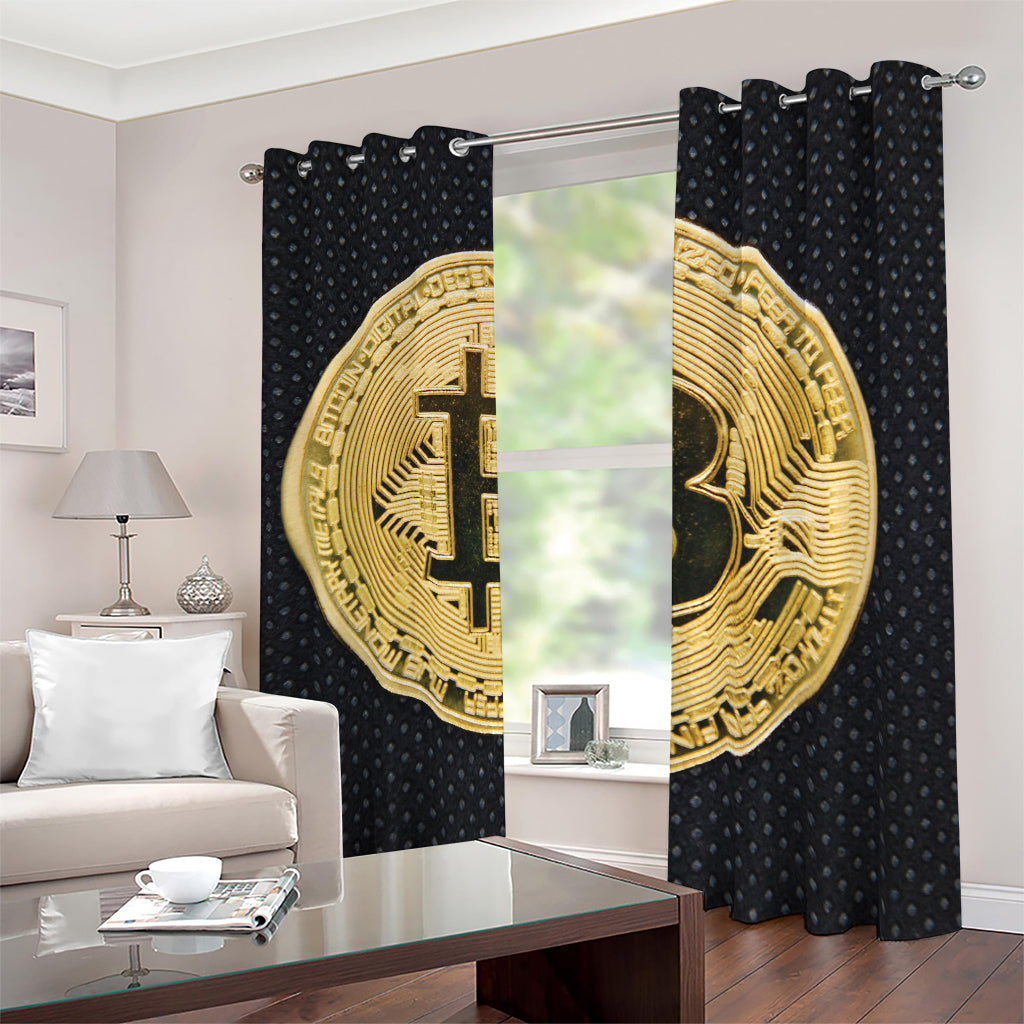 Gold Bitcoin Symbol Print Blackout Grommet Curtains