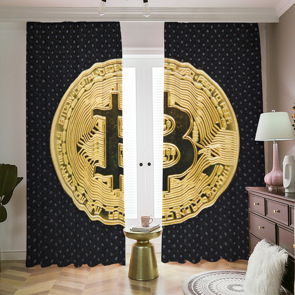 Gold Bitcoin Symbol Print Blackout Pencil Pleat Curtains