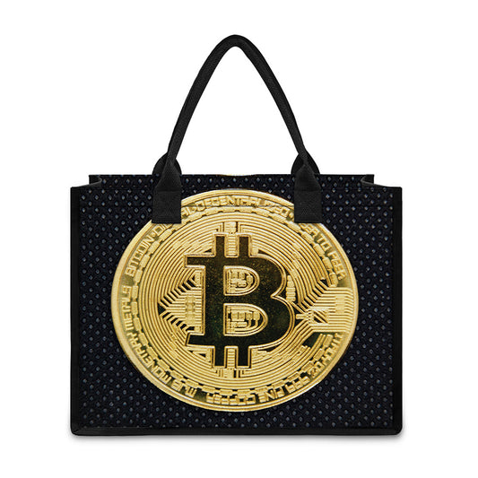 Gold Bitcoin Symbol Print Canvas Tote Bag
