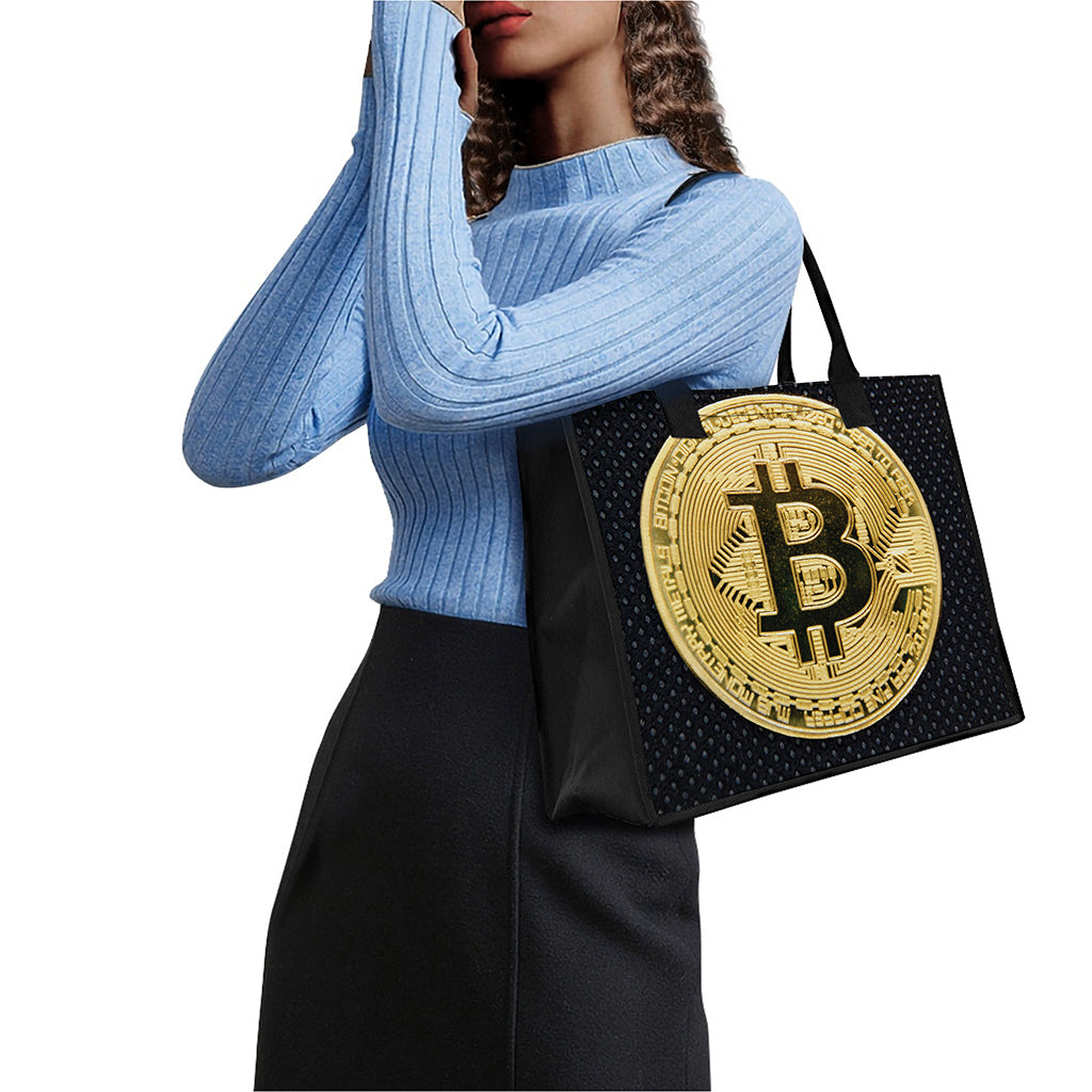 Gold Bitcoin Symbol Print Canvas Tote Bag