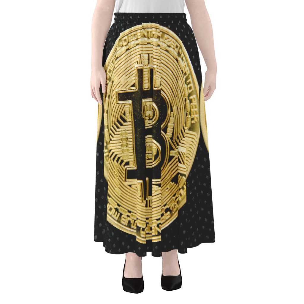 Gold Bitcoin Symbol Print Chiffon Maxi Skirt