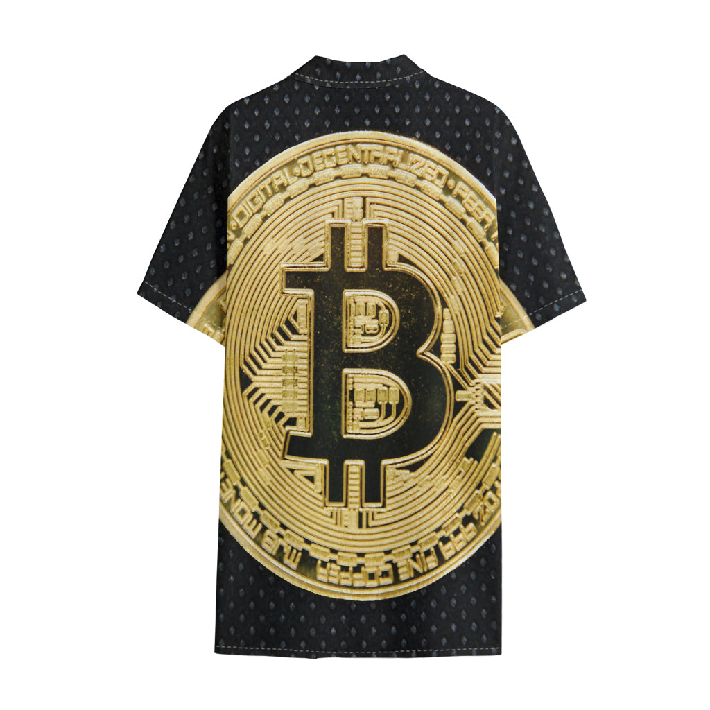 Gold Bitcoin Symbol Print Cotton Hawaiian Shirt