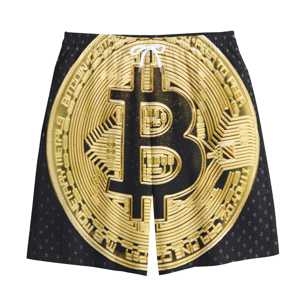 Gold Bitcoin Symbol Print Cotton Shorts