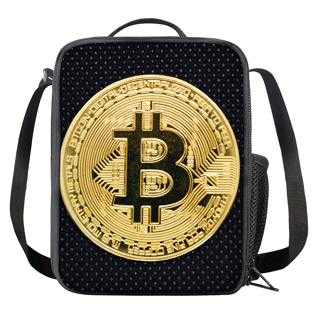 Gold Bitcoin Symbol Print Crossbody Lunch Bag
