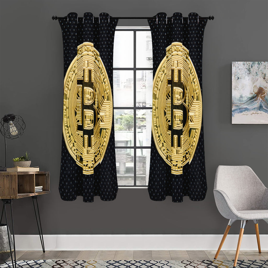 Gold Bitcoin Symbol Print Curtain