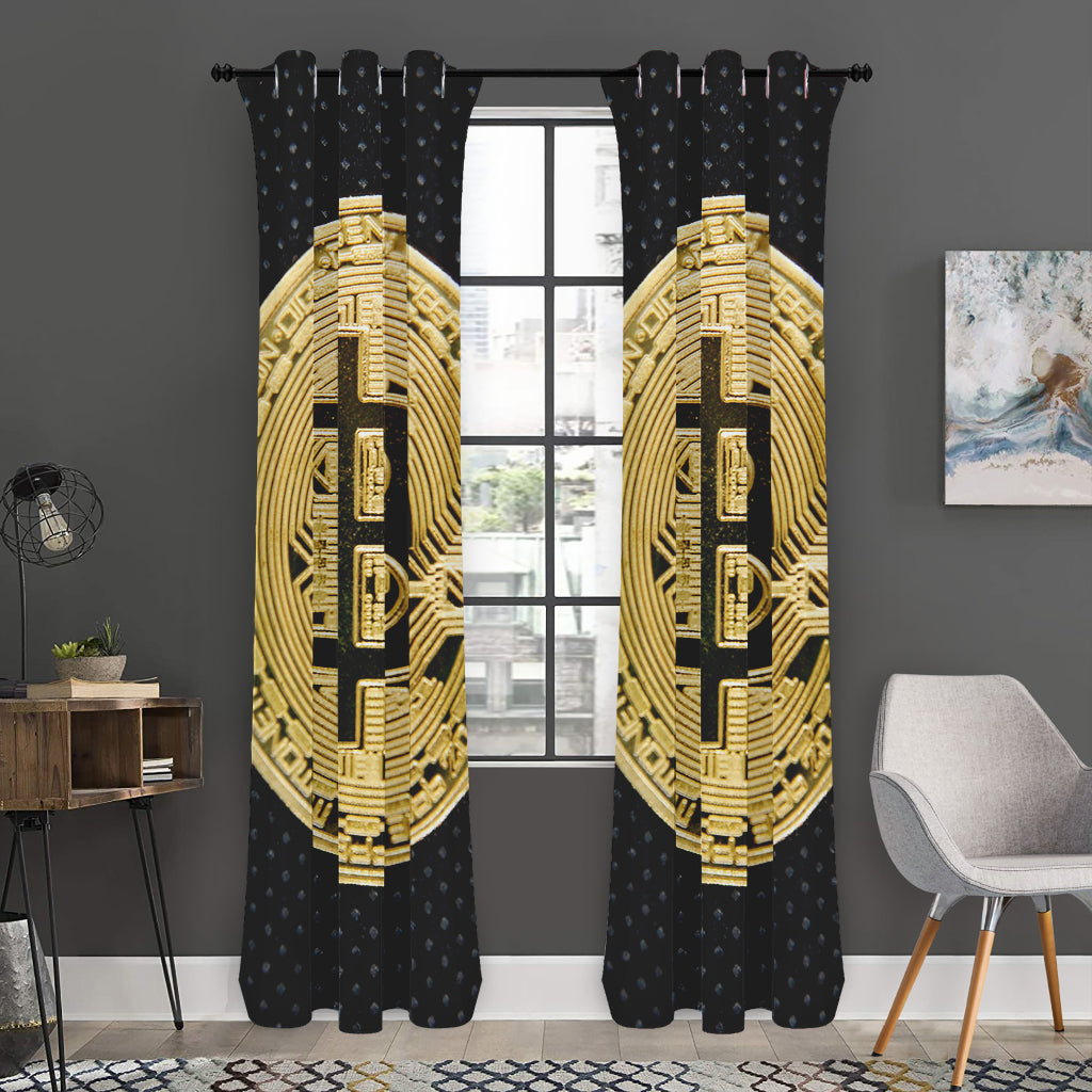 Gold Bitcoin Symbol Print Curtain
