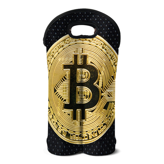 Gold Bitcoin Symbol Print Double Neoprene Wine Tote