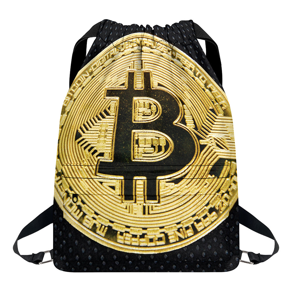 Gold Bitcoin Symbol Print Drawstring Backpack