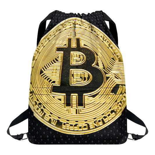 Gold Bitcoin Symbol Print Drawstring Backpack