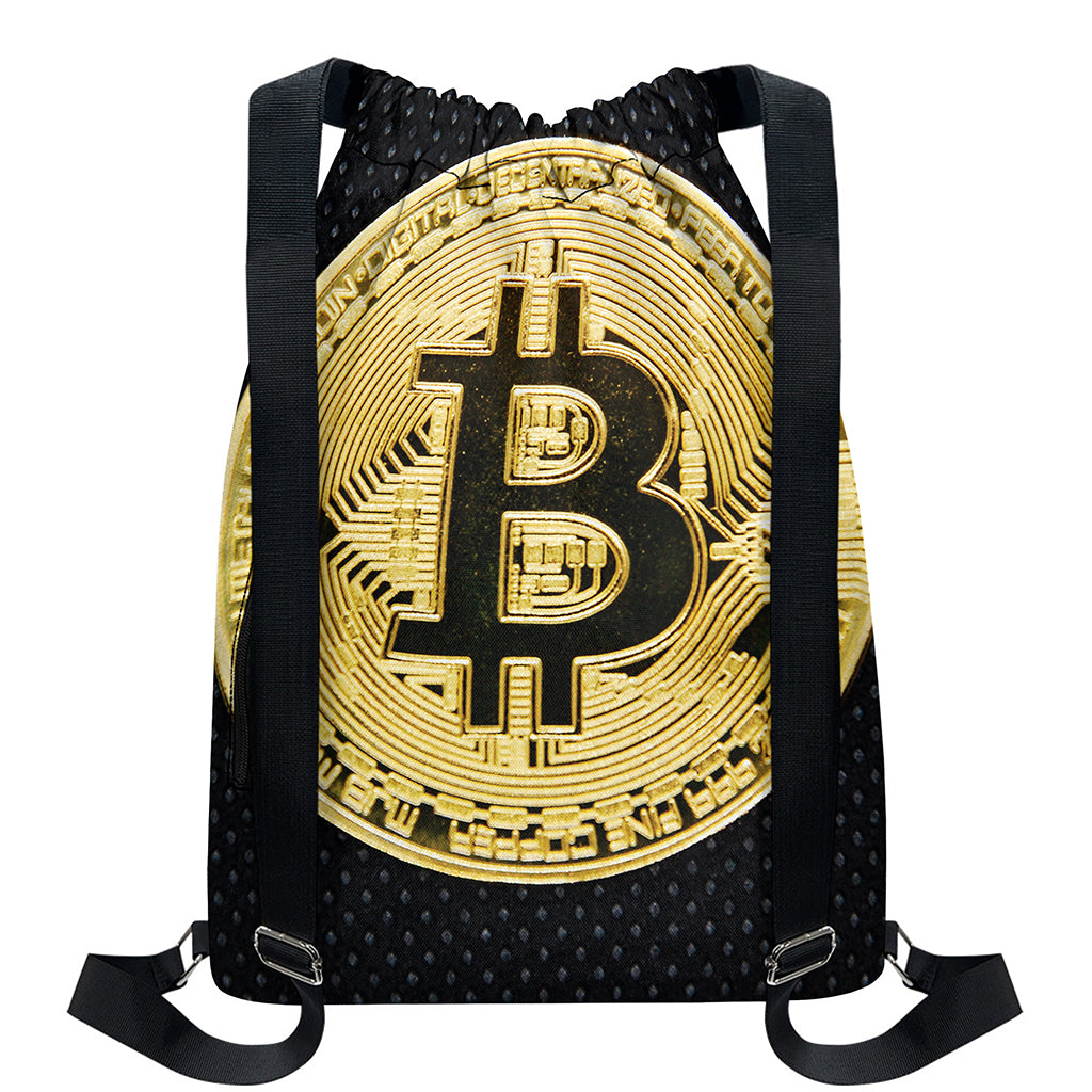 Gold Bitcoin Symbol Print Drawstring Backpack