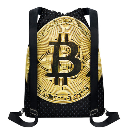 Gold Bitcoin Symbol Print Drawstring Backpack