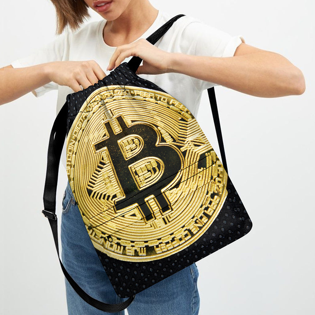 Gold Bitcoin Symbol Print Drawstring Backpack