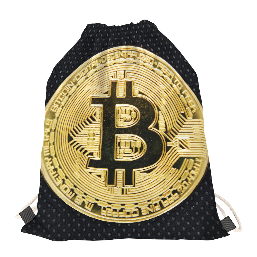 Gold Bitcoin Symbol Print Drawstring Bag