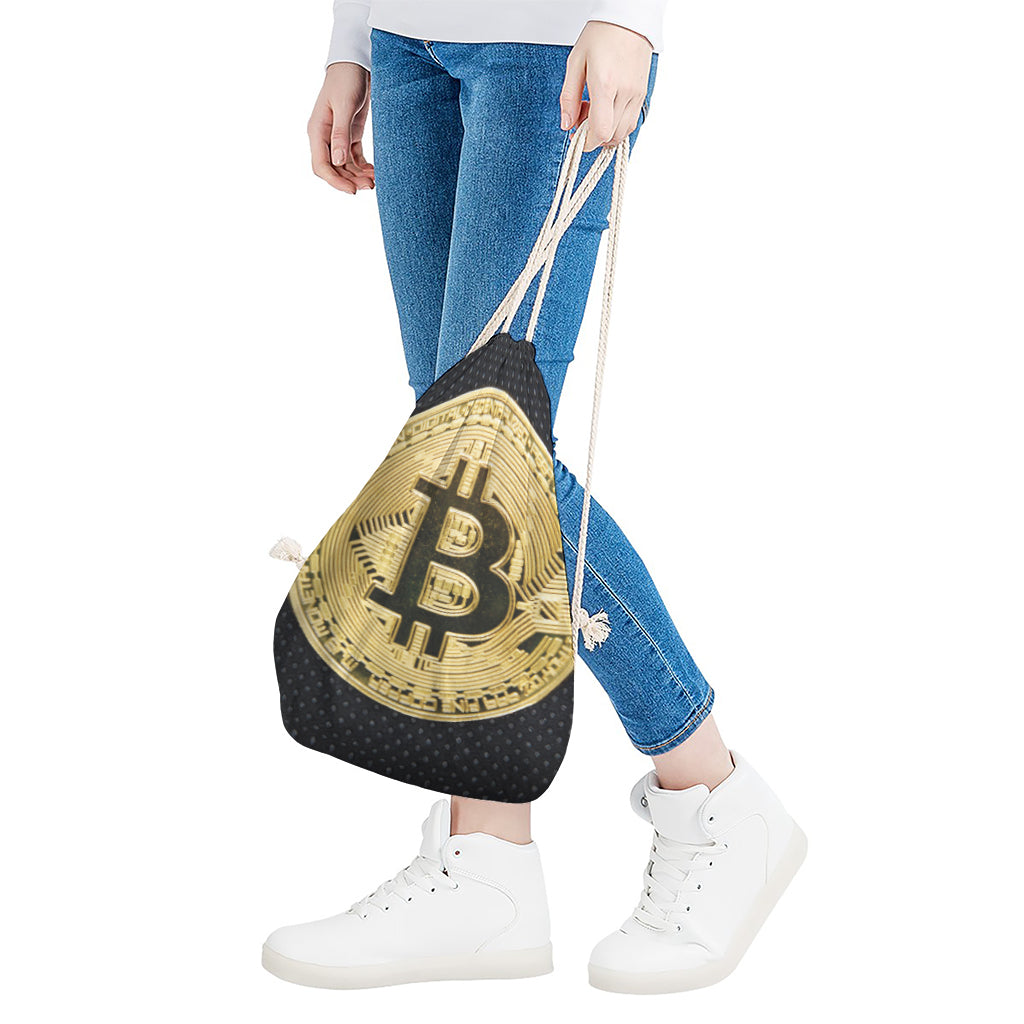 Gold Bitcoin Symbol Print Drawstring Bag