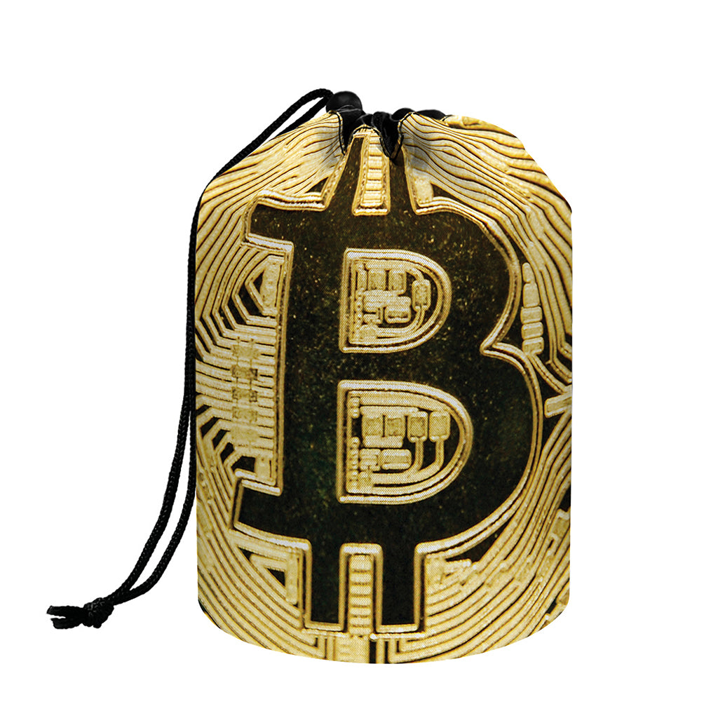 Gold Bitcoin Symbol Print Drawstring Makeup Bag