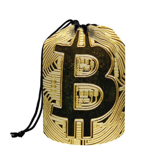Gold Bitcoin Symbol Print Drawstring Makeup Bag