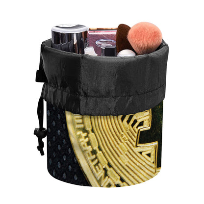 Gold Bitcoin Symbol Print Drawstring Makeup Bag