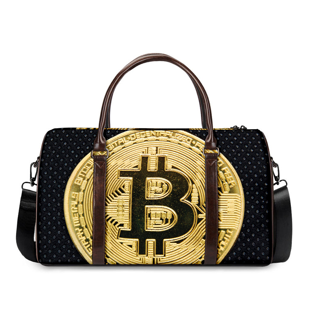 Gold Bitcoin Symbol Print Duffle Bag