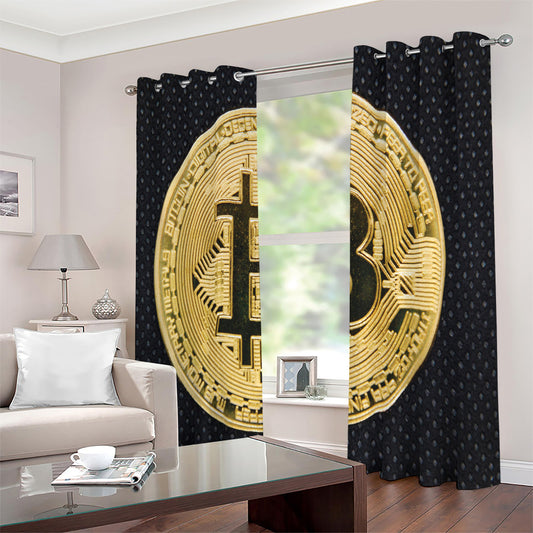 Gold Bitcoin Symbol Print Extra Wide Grommet Curtains