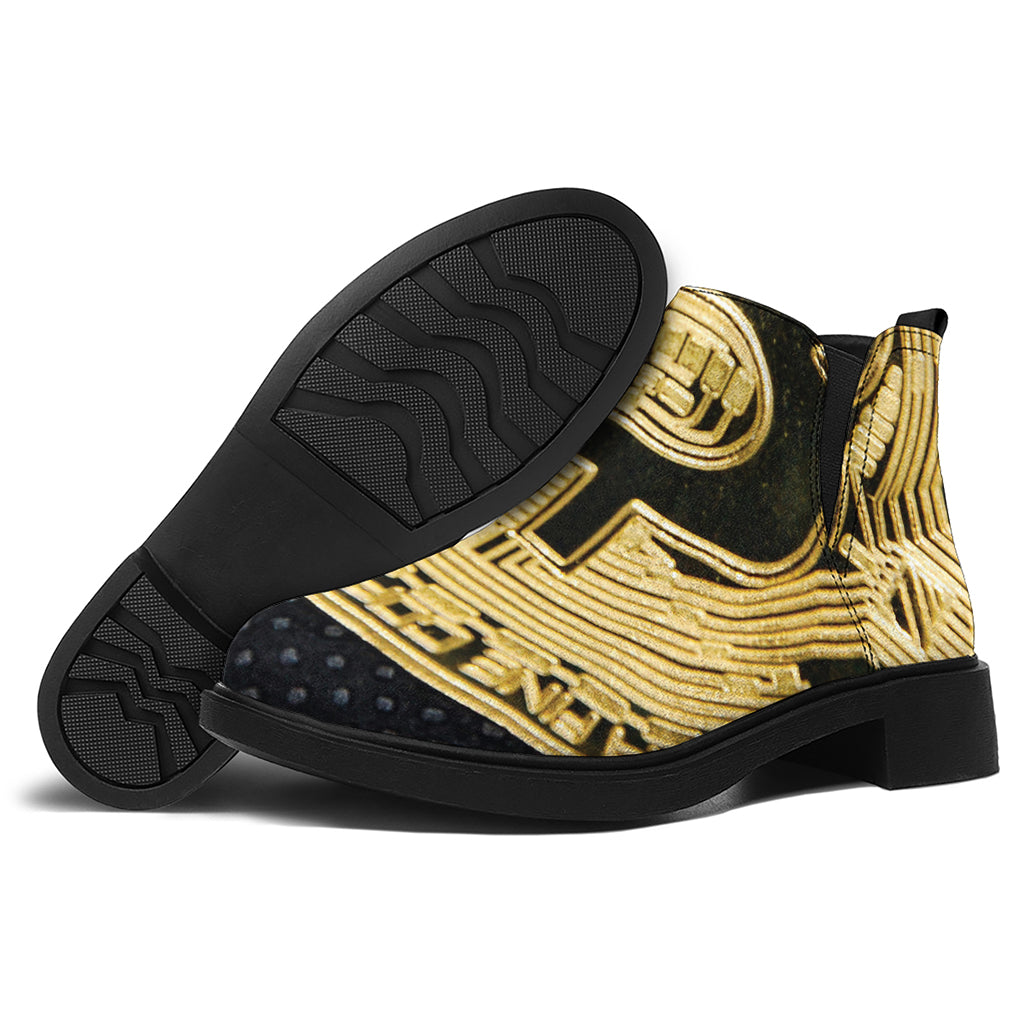 Gold Bitcoin Symbol Print Flat Ankle Boots