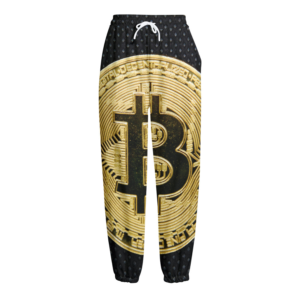 Gold Bitcoin Symbol Print Fleece Lined Knit Pants