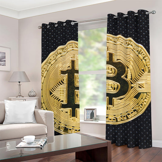 Gold Bitcoin Symbol Print Grommet Curtains