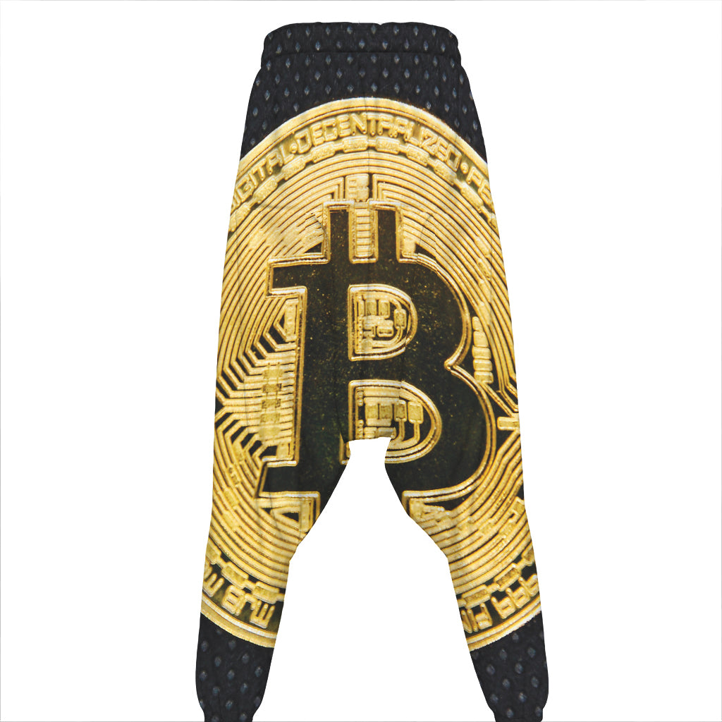 Gold Bitcoin Symbol Print Hammer Pants