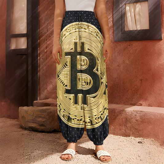 Gold Bitcoin Symbol Print Harem Pants