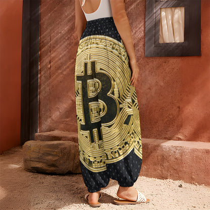 Gold Bitcoin Symbol Print Harem Pants