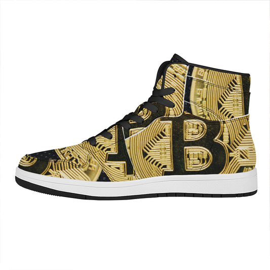 Gold Bitcoin Symbol Print High Top Leather Sneakers