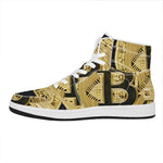Gold Bitcoin Symbol Print High Top Leather Sneakers