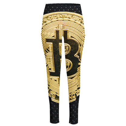 Gold Bitcoin Symbol Print High-Waisted Pocket Leggings