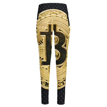 Gold Bitcoin Symbol Print High-Waisted Pocket Leggings