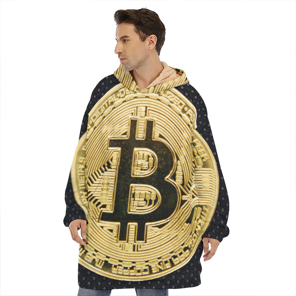 Gold Bitcoin Symbol Print Hoodie Blanket