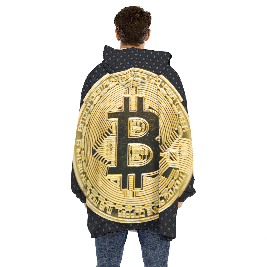 Gold Bitcoin Symbol Print Hoodie Blanket