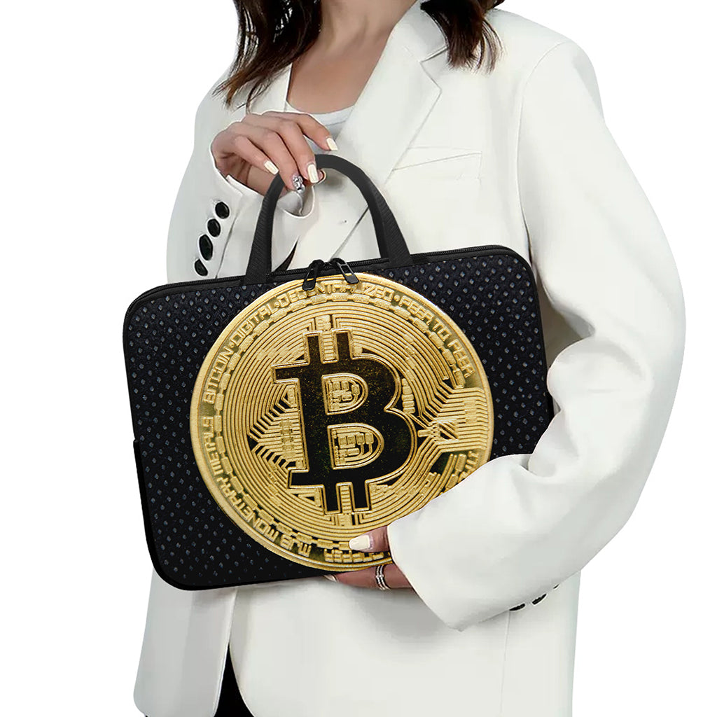 Gold Bitcoin Symbol Print Laptop Sleeve With Handle
