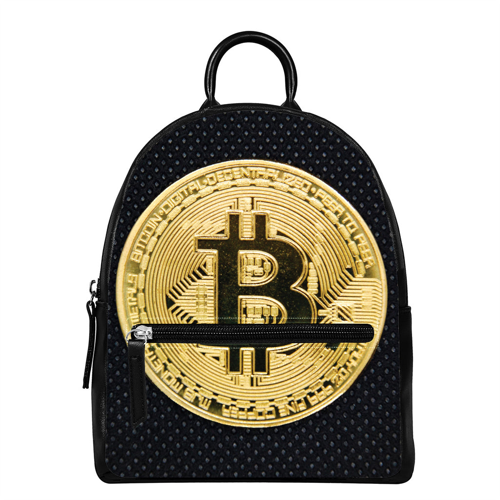 Gold Bitcoin Symbol Print Leather Backpack