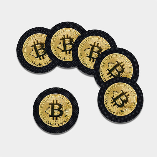 Gold Bitcoin Symbol Print Leather Coaster Set