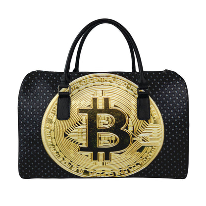 Gold Bitcoin Symbol Print Leather Duffle Bag