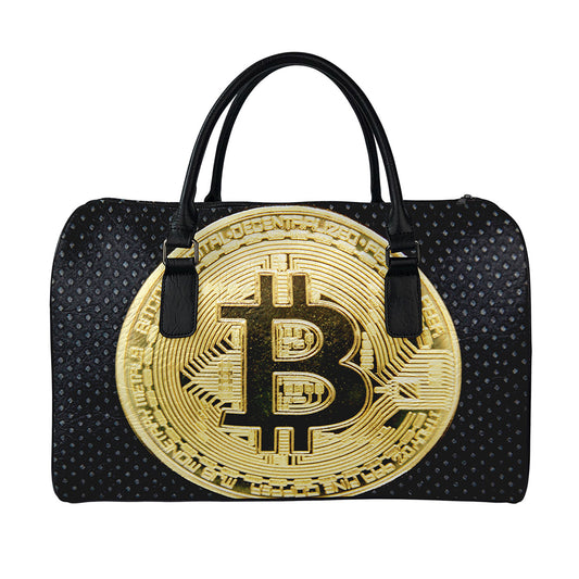 Gold Bitcoin Symbol Print Leather Duffle Bag