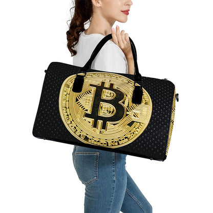 Gold Bitcoin Symbol Print Leather Duffle Bag
