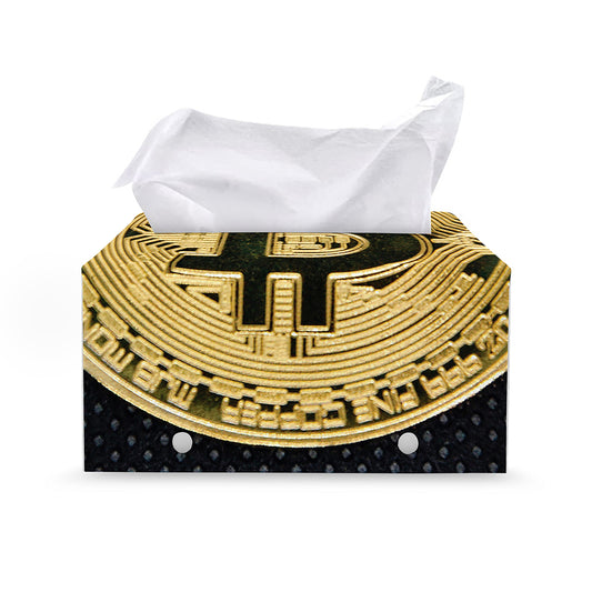 Gold Bitcoin Symbol Print Leather Tissue Box Cover
