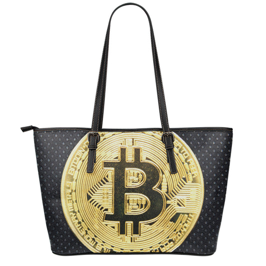 Gold Bitcoin Symbol Print Leather Tote Bag