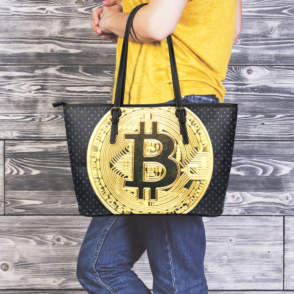 Gold Bitcoin Symbol Print Leather Tote Bag